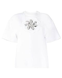 Area White Mussel Flower Embellished Cutout Jersey T-Shirt