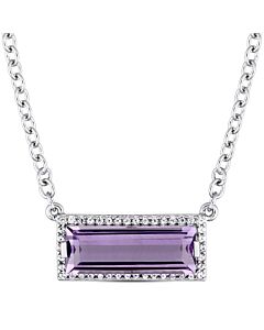 AMOUR Baguette Cut African Amethyst and White Sapphire Halo Necklace In Sterling Silver
