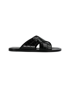 Balenciaga Logo-print Crocodile-effect Leather Slides In Black