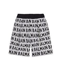 Balmain Kids Beige / Black Logo-print Cotton Shorts