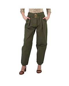 Balmain Ladies Khaki Embellished Pleated Cotton-canvas Tapered Pants