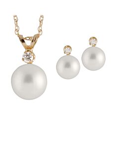 Bella Pearl 14K Gold Sliding Chinese Akoya Pearl Diamond Pendant and Earring Set