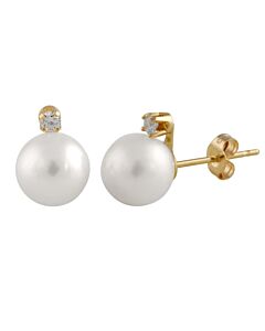 Bella Pearl 14K Gold White Freshwater Pearl Diamond Earrings