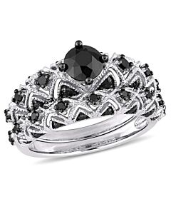 Black Diamond Milgrain Detail Bridal Set in 10k White Gold with Black Rhodium