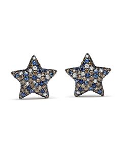 Black Rhodium Plated 18K White Gold 1.00 Cttw Diamond and Round Blue Sapphire Gemstone Micro-Pave Star Stud Earrings