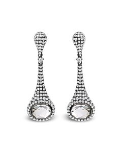 Black Rhodium Plated 18K White Gold 1 3/8 Cttw Round Diamonds and 8x6mm Oval White Quartz Gemstone Sculptural Drop and Dangle Earrings