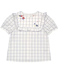 Bonpoint Girls White Lait Embroidered Checked Cotton Blouse