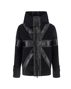 Burberry Black Union Jack Hooded Wool Blend Jacket, Size 48 (US Size 38)