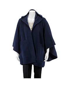Burberry Crest Wool Blend Jacquard Hooded Cape In Navy