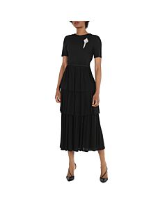 Burberry Crystal Brooch Detail Tiered Jersey Dress In Black