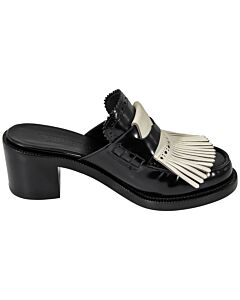 Burberry Ladies Black Contrast Kiltie Fringe Leather Block-heel Mules