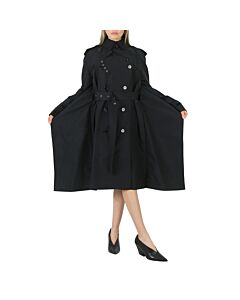 Burberry Ladies Black Double-Breasted Raincoat with Graphic Detail