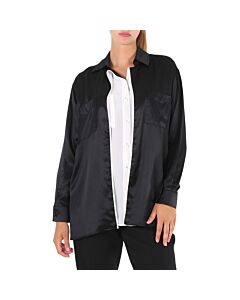 Burberry Ladies Black Logo Applique Silk Satin Long Sleeve Shirt