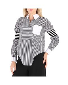 Burberry Ladies Black Stripe Cut-out Hem Striped Cotton Poplin Shirt