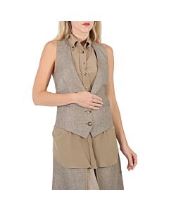 Burberry Ladies Cedar Brown Melange Silk Shirt Detail Linen Remodeled Vest