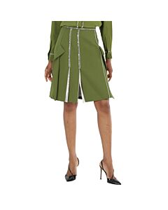 Burberry Ladies Cedar Green Crystal Detail Panelled Wool-Crepe A-Line Skirt