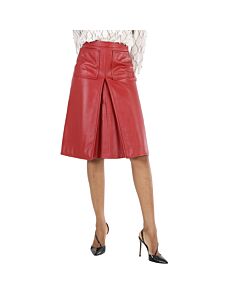 Burberry Ladies Dark Carmine Leather Box-Pleat Detail A-Line Skirt