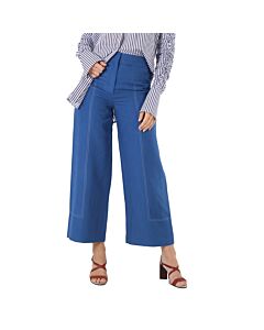 Burberry Ladies Dark Cerulean Blue Wide-Leg Topstitched Mohair Linen Silk Trousers