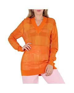 Burberry Ladies Deep Orange Zoie Check Mesh Lace V-Neck Jumper