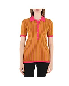 Burberry Ladies Knit Tops Solid Ochre Colorblock Ribbed Polo Shirt