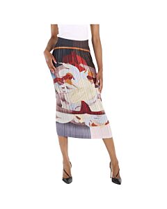 Burberry Ladies Multicolor Meditation Print Satin Plisse Midi Skirt