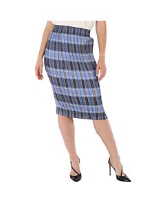Burberry Ladies Pale Blue Check Plisse Pleated Check Pencil Skirt