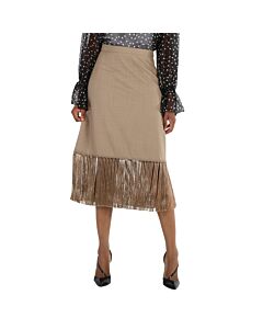Burberry Ladies Pecan Melange High-waist Fring-hem Wool And Cashmere Skirt