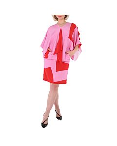 Burberry Ladies Primrose Pink Geometric Print Silk Crepe De Chine Cape Sleeve Dress