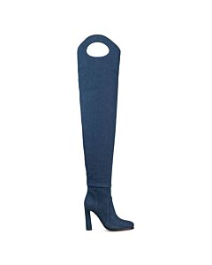 Burberry Ladies Shoreditch Denim Blue Porthole Detail Over-The-Knee Boots