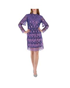 Burberry Laminated Lace Cape Sleeve Dress In Bright Purple
