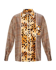 Burberry Leopard Fawn Check Print Silk Logo Oversized Blouse