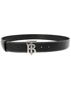 Burberry Men's Black Monogram Pattern Topstitched Leather Belt