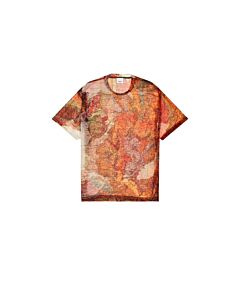 Burberry Men's Bright Orange Map Print Mesh T-Shirt