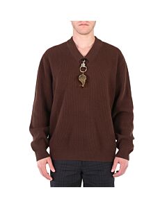 Burberry Men's Brown Wool V-Neck Gold-Plated Whistle Detail Rib Knit Sweater