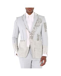 Burberry Men's Grey Melange Technical Linen Blazer with Crystal Embroidery