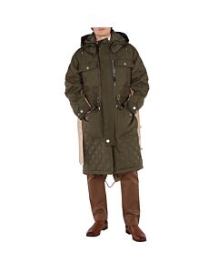 Burberry Men's Olive Green Detachable Hood Quilted Ramie Cotton Parka