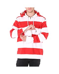 Burberry Men's Red Zip Detail Striped Cotton Hoodie