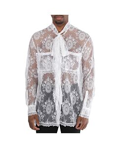 Burberry Optic White Oversized Tie-Neck Chantilly Lace Shirt