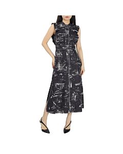 Burberry Ruffle Detail Landmark Print Silk Dress In Black