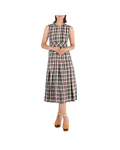 Burberry Sleeveless Pleat Detail Check Georgette Pine Green Dress