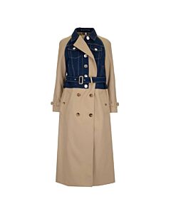 Burberry Soft Fawn Paneled Cotton Gabardine and Denim Trench Coat, Brand Size 8 (US Size 6)