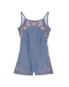Chloe Girls Chambray Cotton Floral-Embroidered Denim Romper
