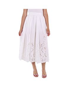 Chloe Ladies White Broderie Anglaise Flared Embroidered Midi Skirt