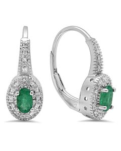 Dazzling Rock Dazzlingrock Collection 10K Oval Cut Emerald & Round Cut White Diamond Ladies Halo Style Millgrain Hoop Earrings, White Gold