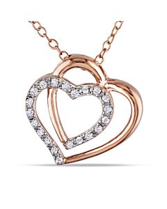 AMOUR 1/10 CT TW Diamond Double Heart Pendant with Chain In Pink Plated Sterling Silver