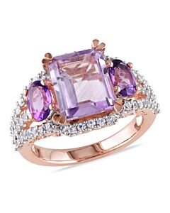 Delmar 4 5/8 CT TGW Emerald Cut Rose de France, Amethyst and Created White Sapphire 3 Stone Ring in Rose Plated Sterling Silver