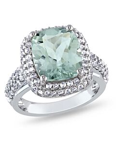 Delmar 6 CT TGW Cushion Cut Green Amethyst and Created White Sapphire Double Halo Ring in Sterling Silver