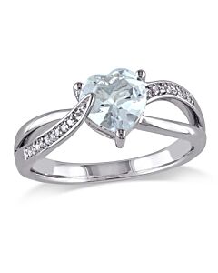Delmar Aquamarine and Diamond Heart Crossover Ring in Sterling Silver