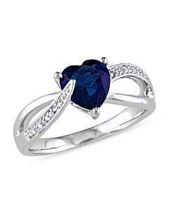 Delmar Created Blue Sapphire and Diamond Heart Crossover Ring in Sterling Silver