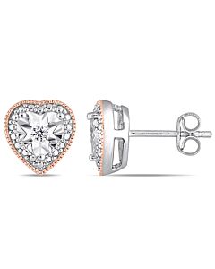 AMOUR 1/10 CT TW Diamond Milgrain Filigree Heart Shaped Stud Earrings In 2 Tone White and Rose Plated Sterling Silver